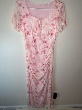 Women's Pink Floral Maxi Dress with Front Tie